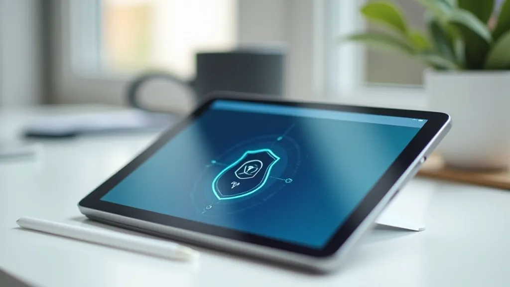 Tablet a smartphone na stole zobrazující bezpečné připojení a notifikace