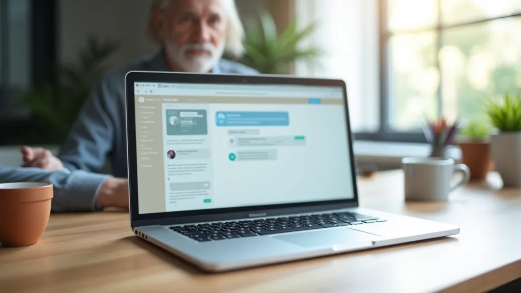 Notebook s obrazovkou ChatGPT, okolí uspořádané pracovní plochy, přirozené osvětlení