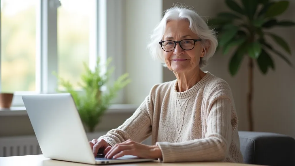 Seniorka čte průvodce o ChatGPT na tabletu, soustředěný výraz